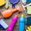 House cleaning product on wood table